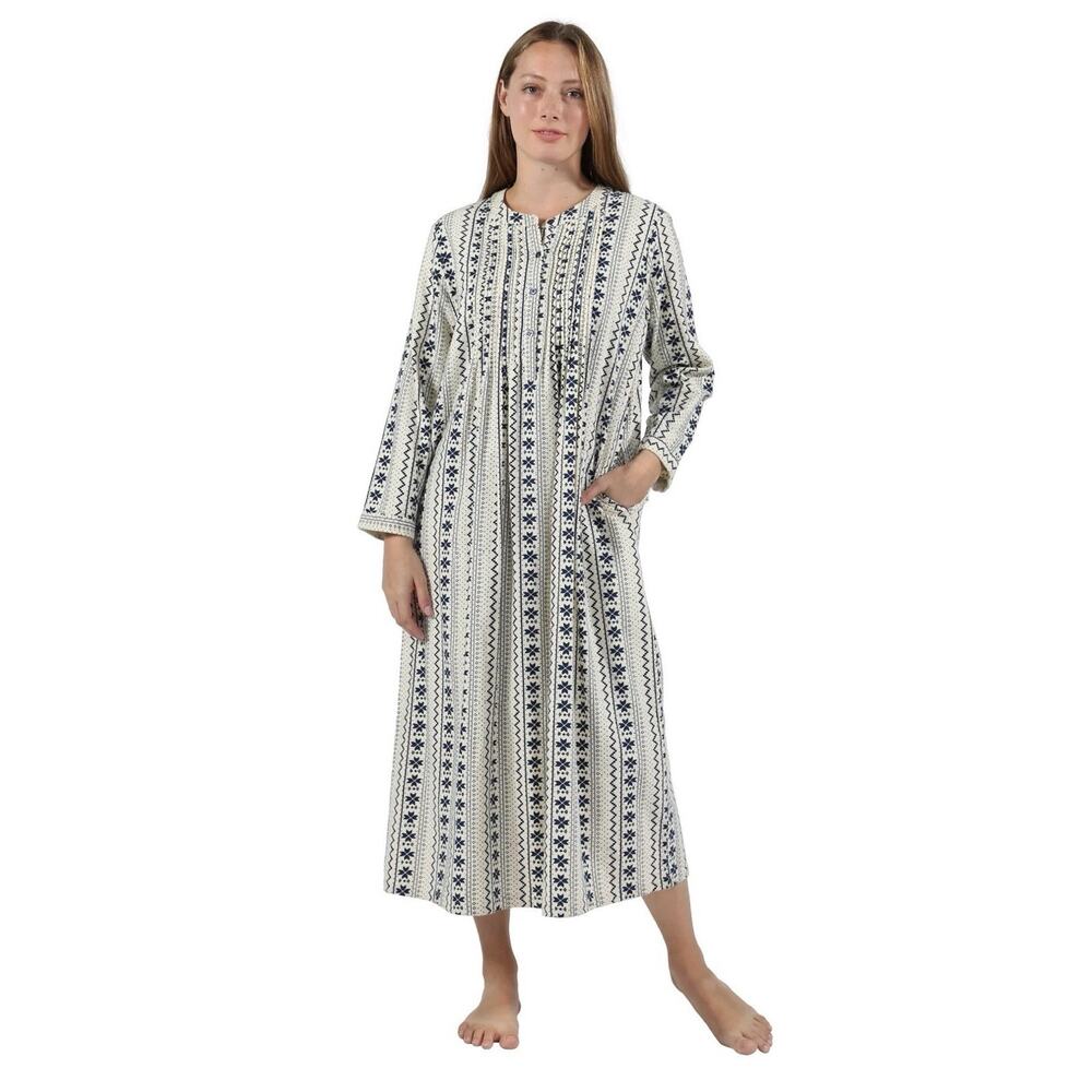 La Cera Nightgown Nordic Snowflake Blue Print 100% Cotton Flannel Womens 2X Trad